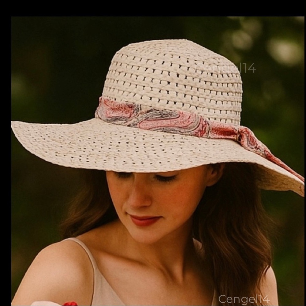 Cream Wide Brim Straw Sun Hat Paisley Scarf Boho Beach OS NWOT